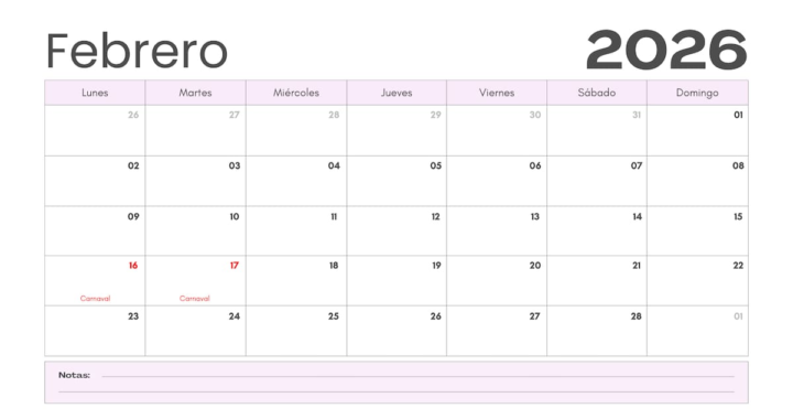 Calendario de febrero 2026 para imprimir