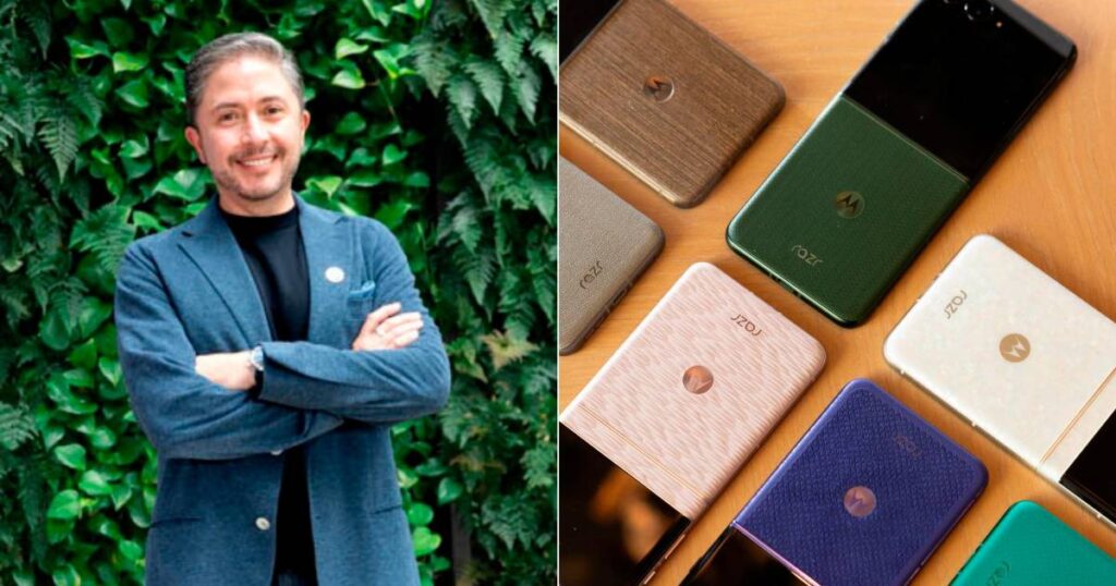Rubén Castaño sonriendo mientras sostiene un celular Motorola con diseño innovador y colores vibrantes