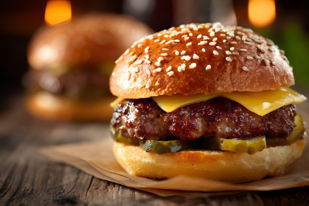 Una hamburguesa jugosa con todos los ingredientes sobre una tabla de madera, rodeada de ofertas y descuentos del Día Nacional de la Hamburguesa