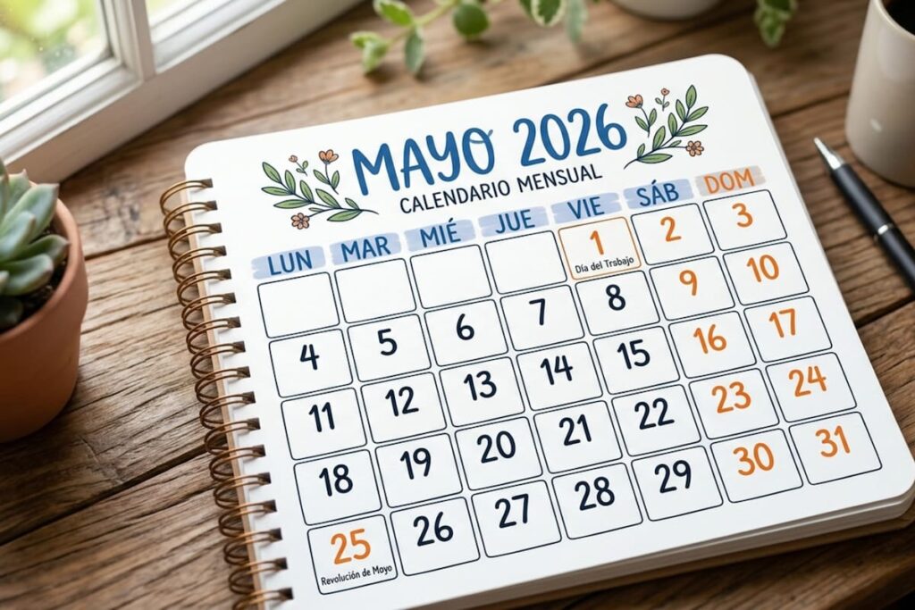 Un calendario de mayo 2026 para imprimir con todos los días del mes y espacio para agendar eventos.