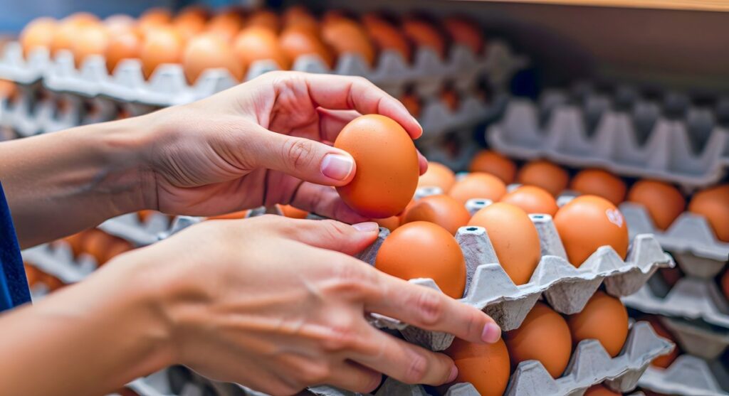 Una docena de huevos frescos en un mercado, con un letrero que muestra el precio de $2.25.