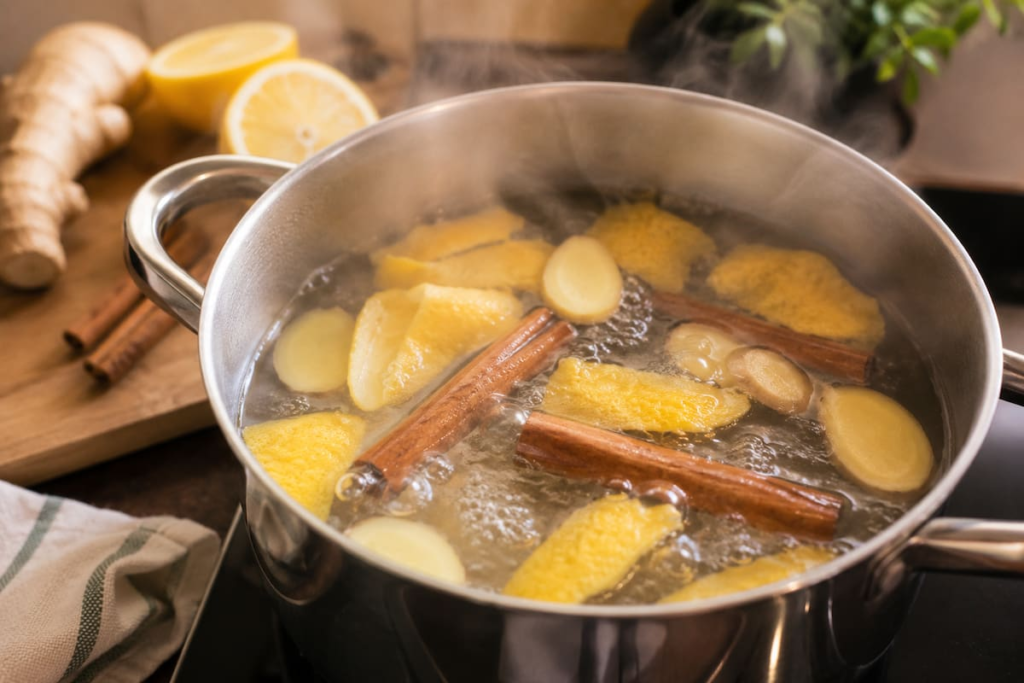 Una olla con cáscaras de limón, canela y jengibre hirviendo para crear un aroma natural en el hogar