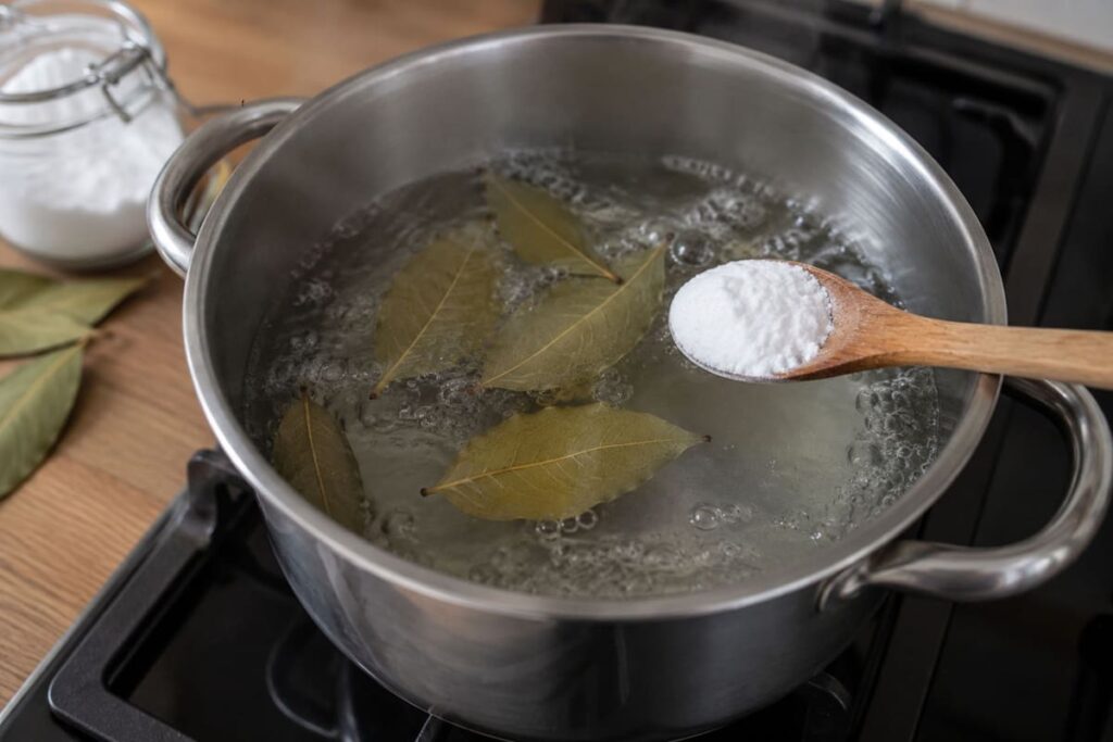 Una olla con hojas de laurel y bicarbonato hirviendo en la estufa