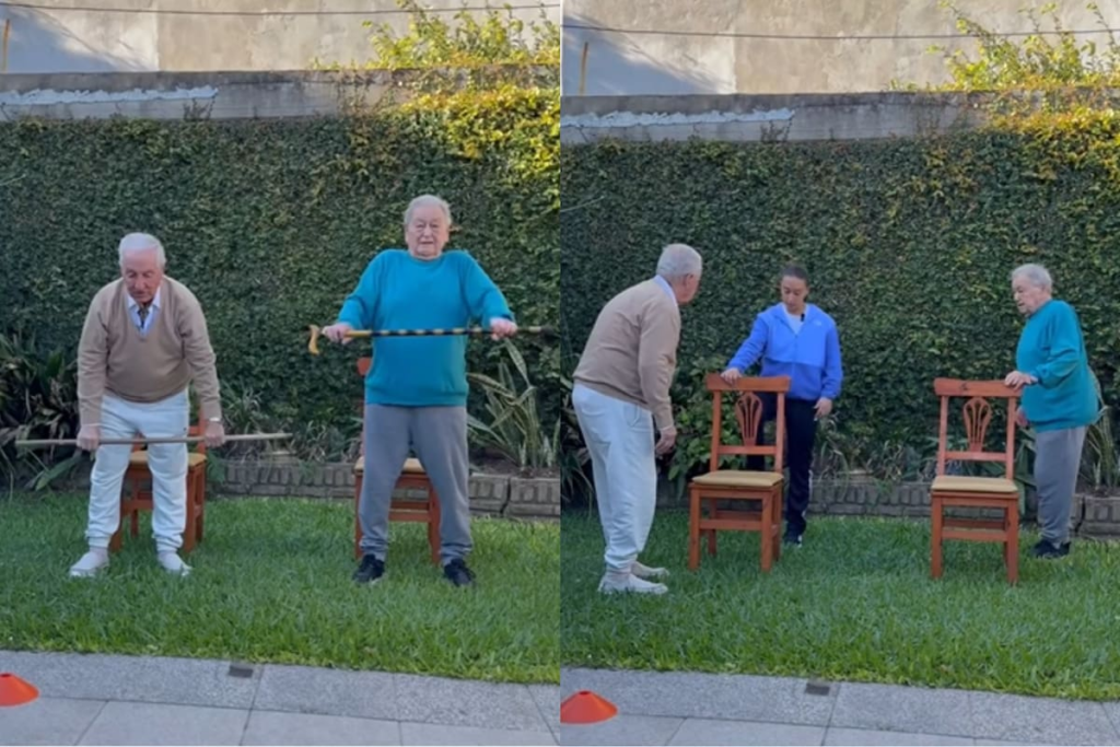 Mica Salemi guiando a sus abuelos en una rutina de entrenamiento en el patio de su casa