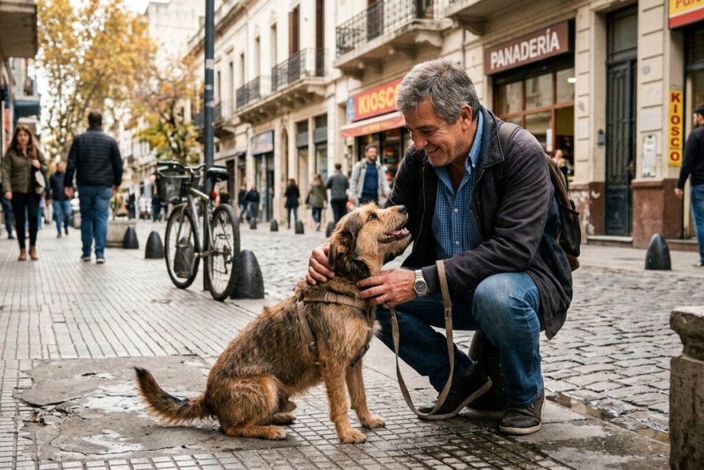 Una persona acaricia a un perro en la calle, generando un momento de ternura y conexión.