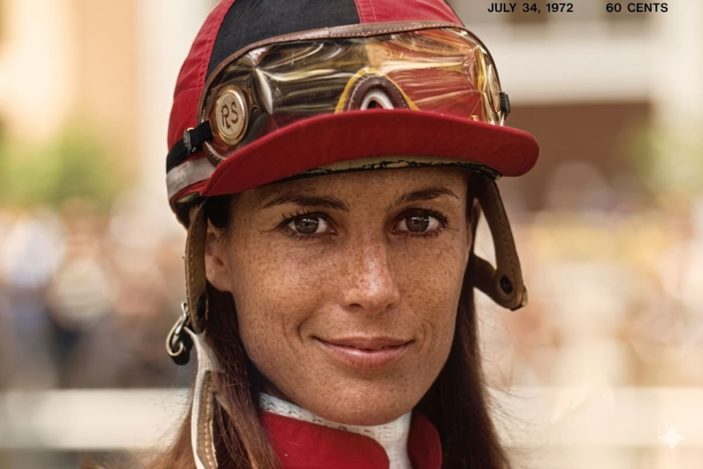 Robyn Smith sonriendo mientras monta a caballo, con un paisaje de hipódromo al fondo