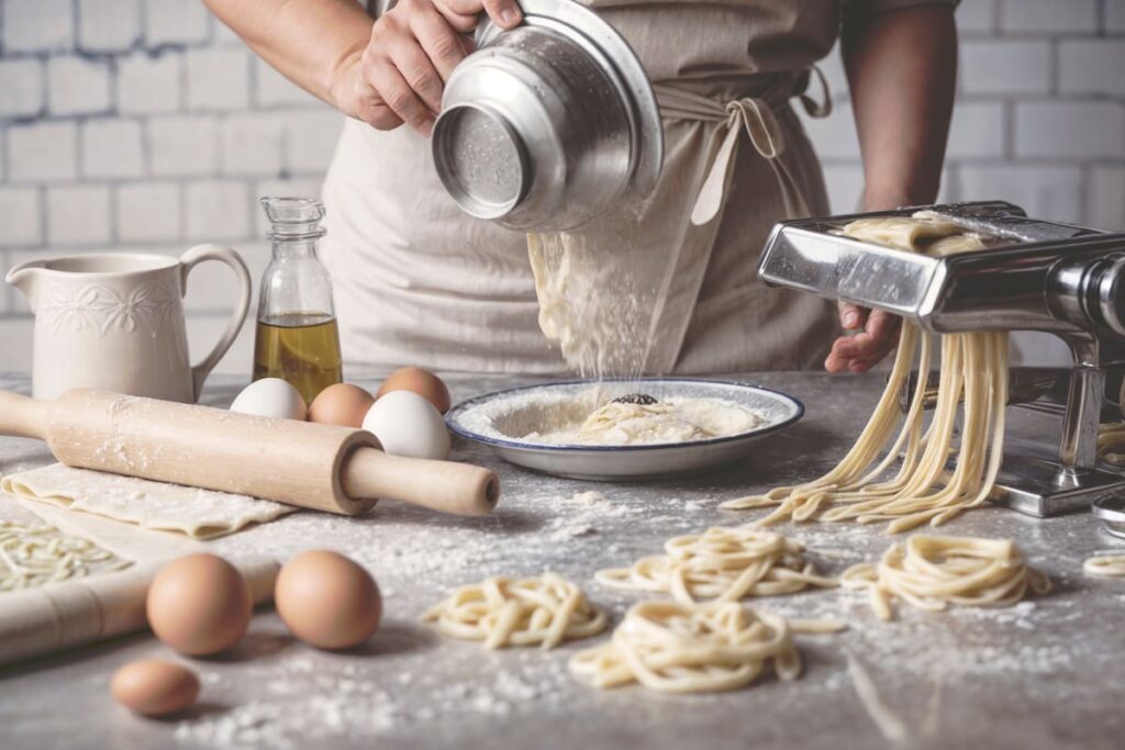 Una persona cocinando en una cocina moderna con ingredientes frescos y una trivia de gastronomía en la pantalla