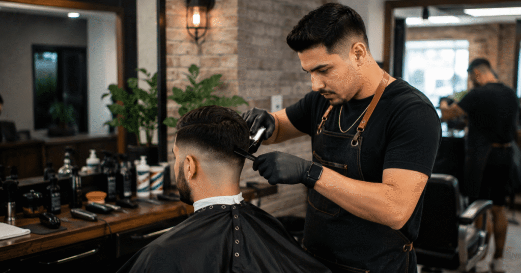Barbero cortando cabello en barbería de Nueva York con cliente y herramientas profesionales