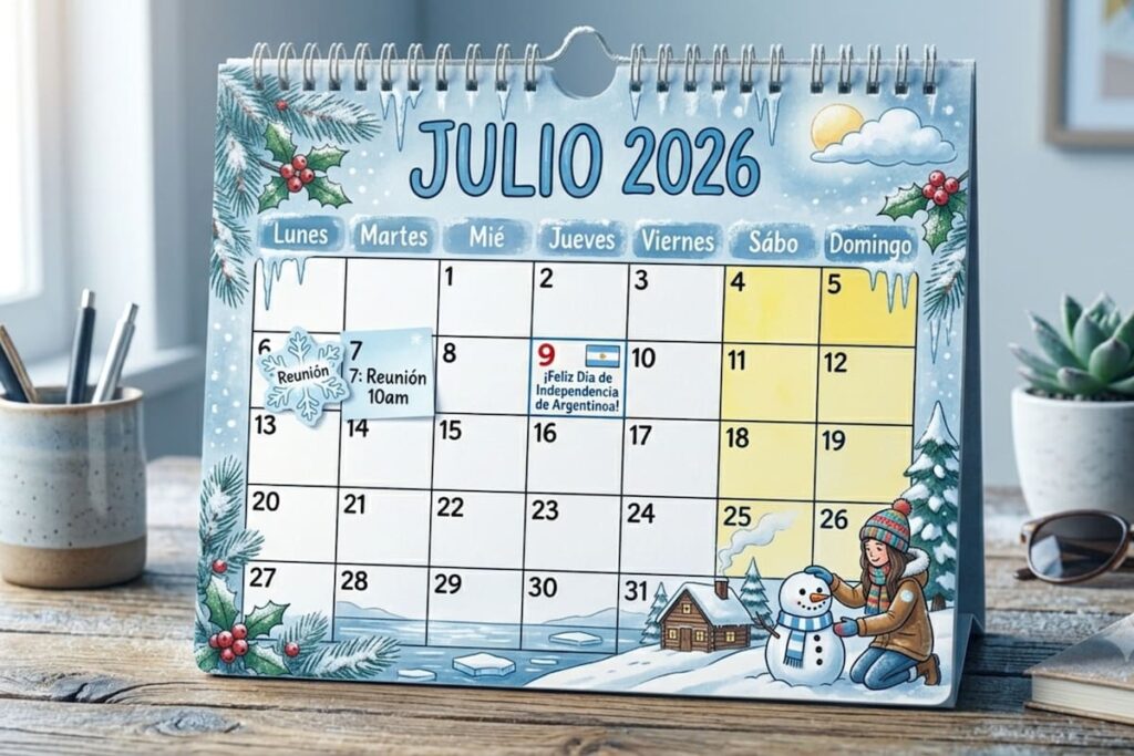 Calendario de julio 2026 con feriados del 9 y 10 de julio destacados en diseño para imprimir