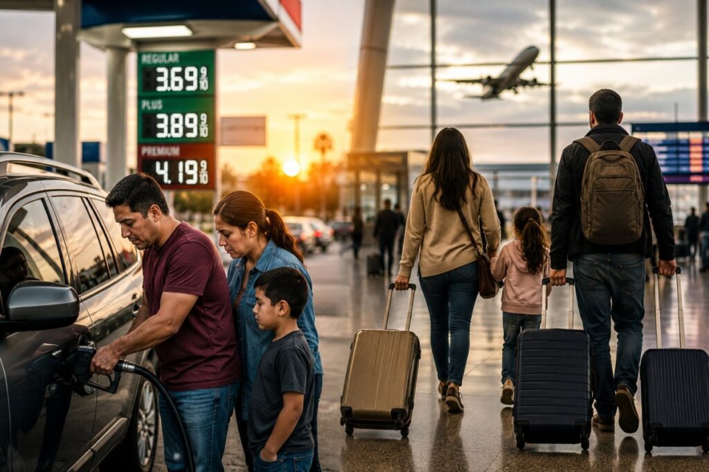Gráfico de alza en precios de gasolina y vuelos por guerra en Irán