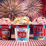 Una persona sostiene una pinta de helado gratis de Kroger con una gran sonrisa