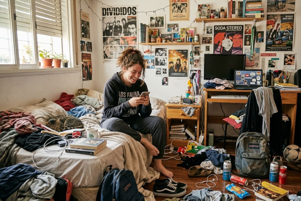 Una habitación desordenada con ropa tirada y papeles esparcidos por todas partes