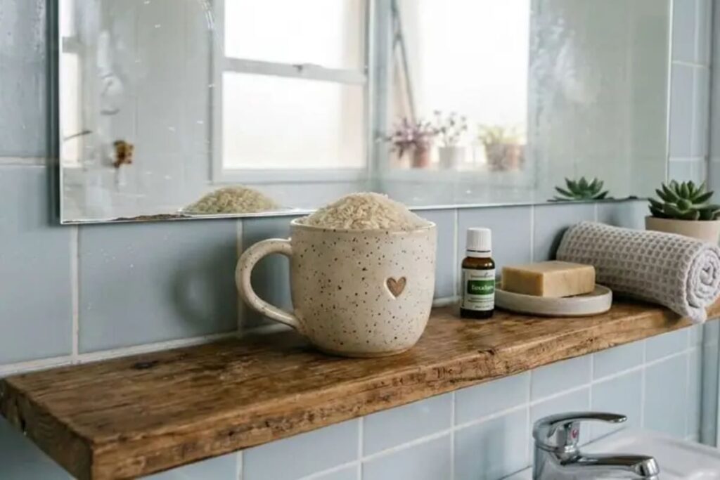Una taza de arroz blanco en un baño, cerca de la pileta, para absorber humedad y atraer prosperidad.