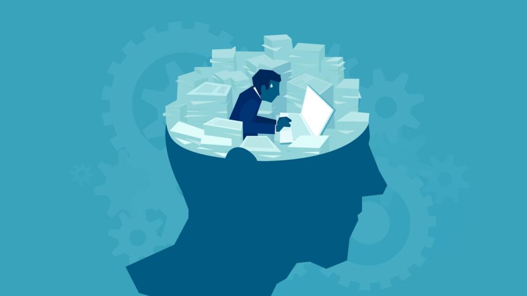 Trabajador estresado usando IA en su computadora para manejar ansiedad