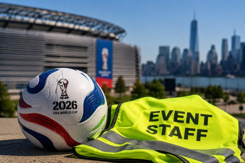 Trabajadores en el MetLife Stadium preparando el Mundial 2026 con uniformes y equipos de logística