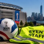 Trabajadores en el MetLife Stadium preparando el Mundial 2026 con uniformes y equipos de logística