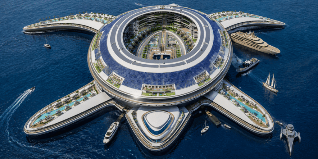 Una enorme plataforma con forma de tortuga marina que navega sobre el océano con hoteles, tiendas y piscinas