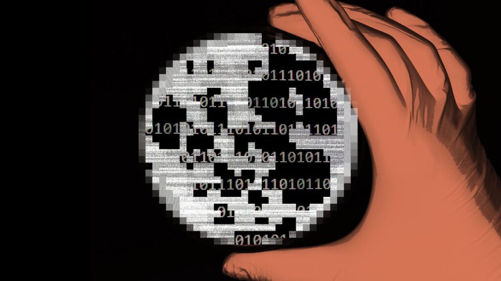 Imagen de un laboratorio de investigación científica con tecnología de IA y síntesis genética, donde científicos trabajan en proyectos de bioseguridad y prevención de armas biológicas.