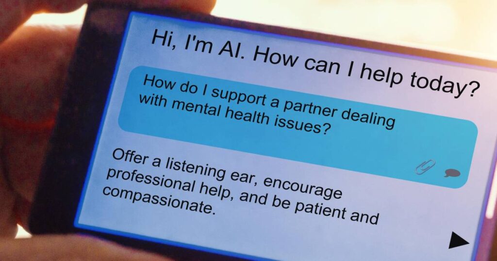Persona asustada frente a una pantalla de computadora con chatbot de IA sobre salud