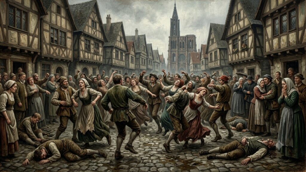 Ilustración histórica de personas bailando sin control en Estrasburgo en 1518